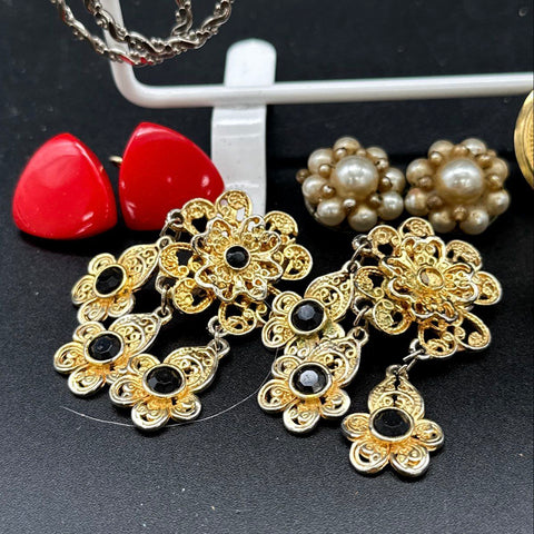 Vintage Retro Clip On Earrings Jewelry Lot 25 Pairs Faux Pearl Rhinestone Gold