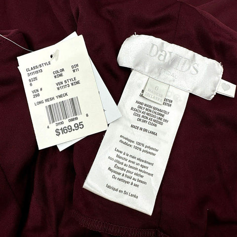 David's Bridal Women's Wine Long Mesh Y-Neck Bridesmaid Formal Gown NWT Sz 6