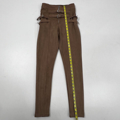Maniere De Voir Women's Brown High Waist Multi Buckle Faux Suede Pants Sz 6