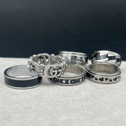 Silver Tone Fashion Rings Jewelry Lot of 6 Spinner Celestial Cat Heart Bolt