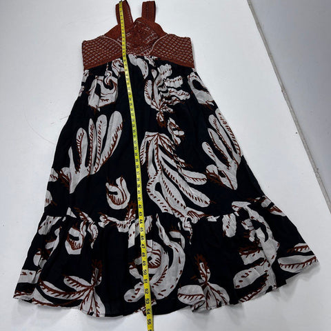 Anthropologie Women's Black Brown Leaf Print Embroidered Bodice Halter Dress 16P