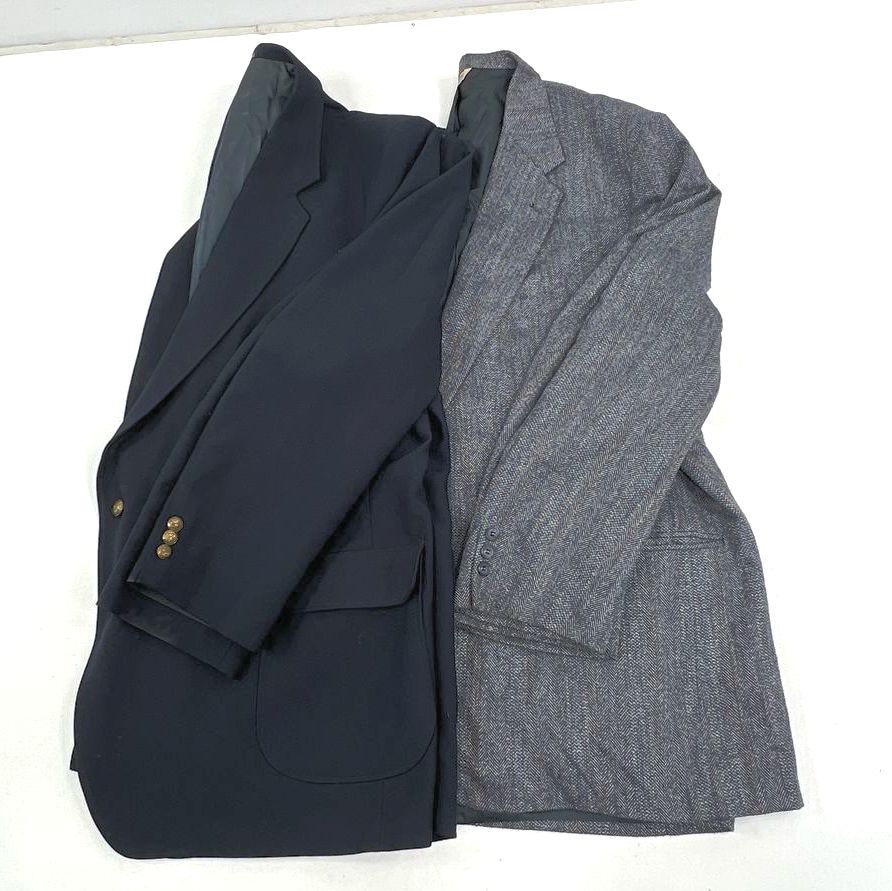Lot of 2 Vintage 80s Navy & Gray Herringbone Tweed Blazer Sport Coat Men's 54L