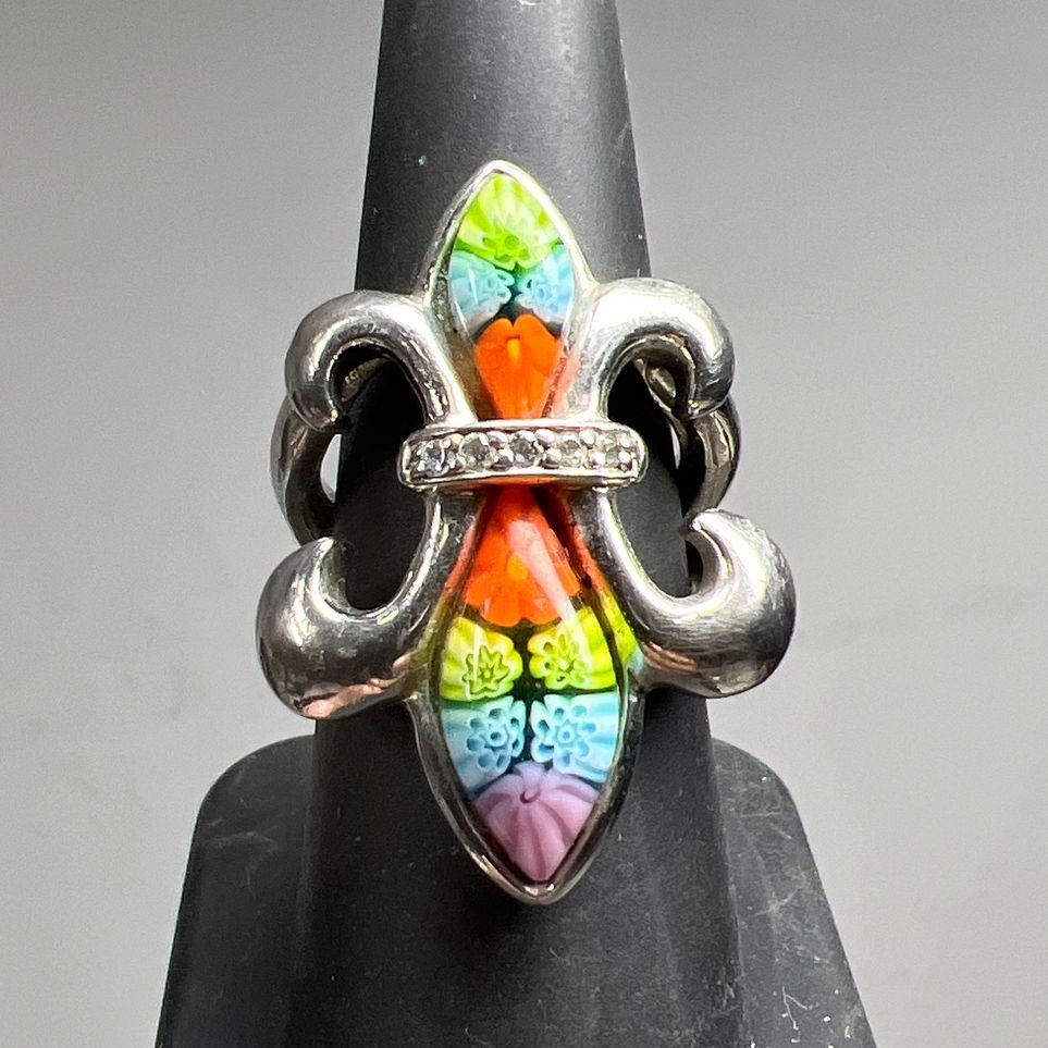 Alan K Colorful Floral Fleur De Lis Ring 13.14g Size 7