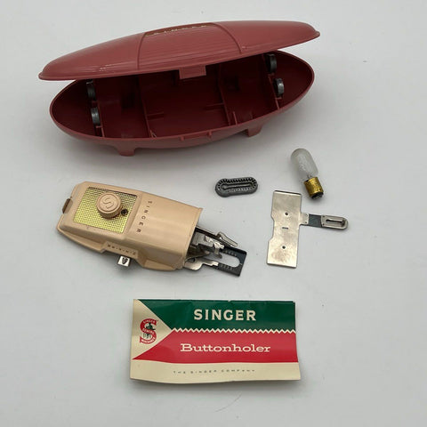 Singer Buttonholer Sewing Machine Attachment Set Pink Rocket Case Vintage