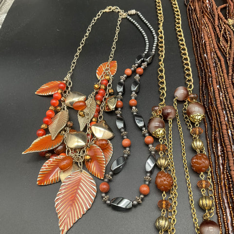 Bohemian Earth Tone Beaded Necklace Jewelry Lot of 8 Enamel Leaf Wood Resin