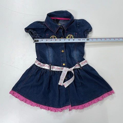 Dereon Girls Blue Denim Dress Pink Eyelet Ruffle Hem Logo Belt Size 4T