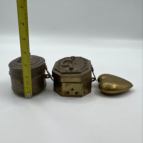 Vintage Brass Lot 3 Pieces Pierced Cricket Box Oval Casket Heart Paperweight