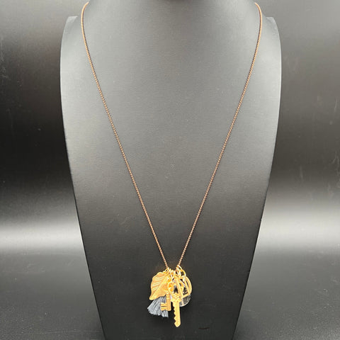 David Aubrey Gold Tone Key Leaf Tassel Charm Cluster Pendant Necklace 34"