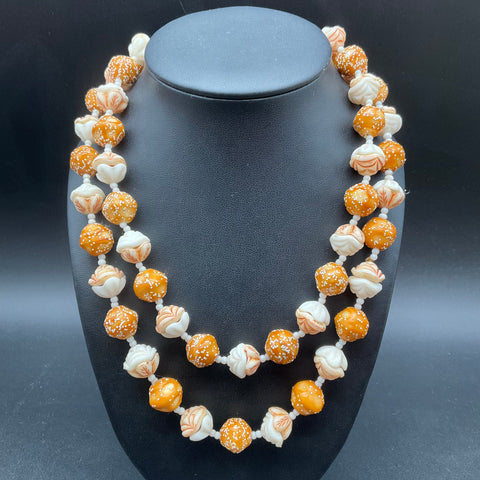 Vintage Hong Kong Double Strand Sugared Beaded Necklace Textured Floral Orange