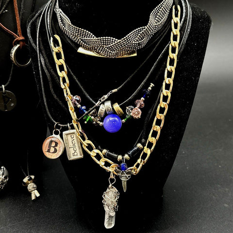 Boho Gothic Corded Necklace & Choker Lot 30pc Quartz Rune Evil Eye Pendants