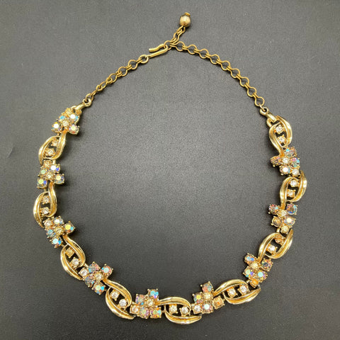 Vintage Gold Tone Aurora Borealis AB Rhinestone Necklace Earring Demi Parure