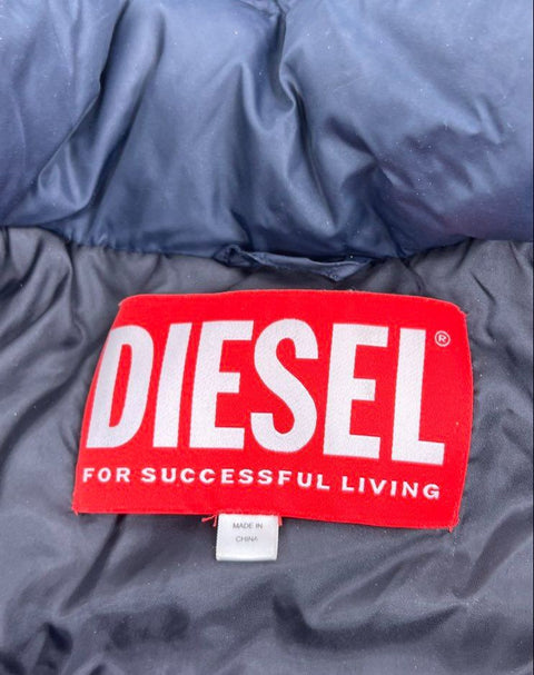 Diesel Youth Size 14 Navy Blue Long Puffer Coat Parka Hooded Faux Fur