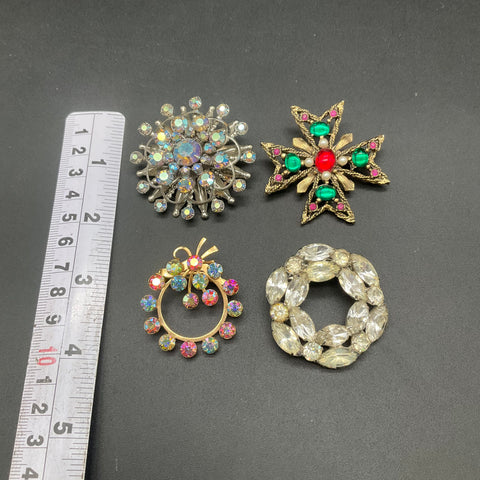 Vintage Rhinestone Costume Jewelry Brooch Lot of 4 Maltese Cross AB Wreath