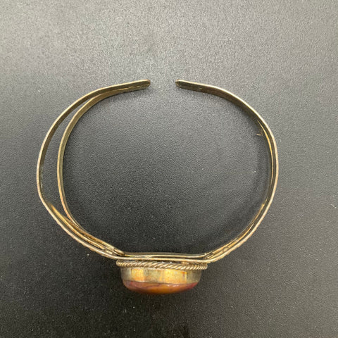 Vintage Gold Tone Red Jasper Stone Cabochon Cuff Bracelet Boho Artisan 7.5"