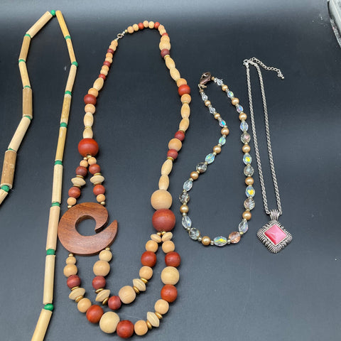 Vintage and Modern Costume Jewelry Lot of 8 Necklaces Wood Shell Beaded Pendants