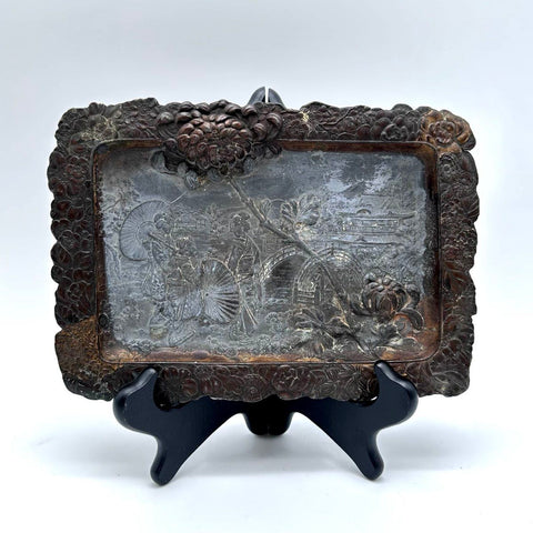 Japanese Decorative Metal Tray Geisha Landscape Relief Chrysanthemum Vintage