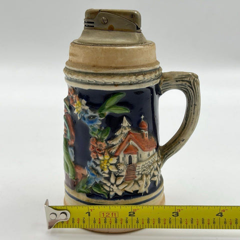 Vintage Ceramic Beer Stein Table Lighter Relief Scene German Style 6 Inch
