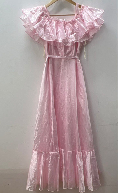 Vintage 80s JC Penney Women's Pink Ruffle Off Shoulder Formal Gown Dress Sz 7-8