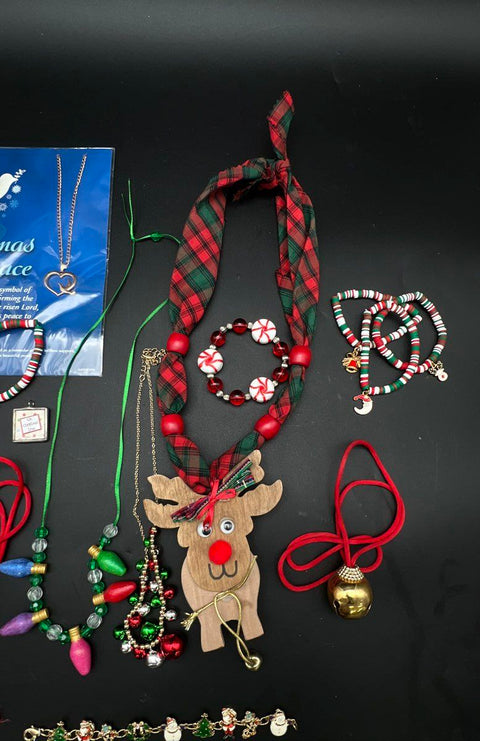 Holiday Christmas Costume Jewelry Lot 1 lb Reindeer Snowman Santa Beads Bells