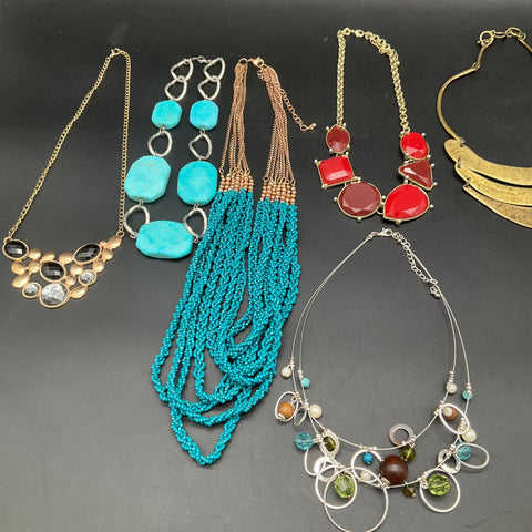 Vintage to Modern Costume Necklace Lot of 7 Gold Silver Tone Beaded Bib