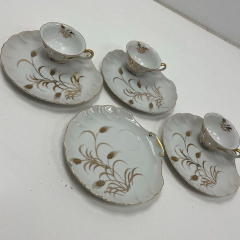 Lefton China Golden Wheat Snack Set 7pc 4 Plates 3 Cups Hand Painted Vintage