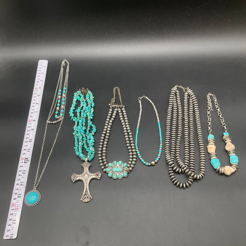 Southwestern Style Faux Turquoise Jewelry Lot of 6 Necklaces Silver Tone Cross