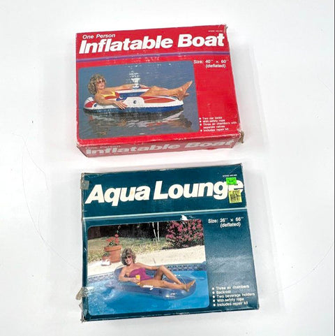 Vintage Inflatable Pool Float Lot 2 One Person Boat & Aqua Lounge Pool Rafts