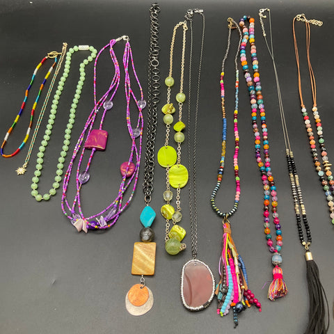 Natural Life Boho Beaded Statement Necklace Lot of 10 Tassels Pendants Eclectic