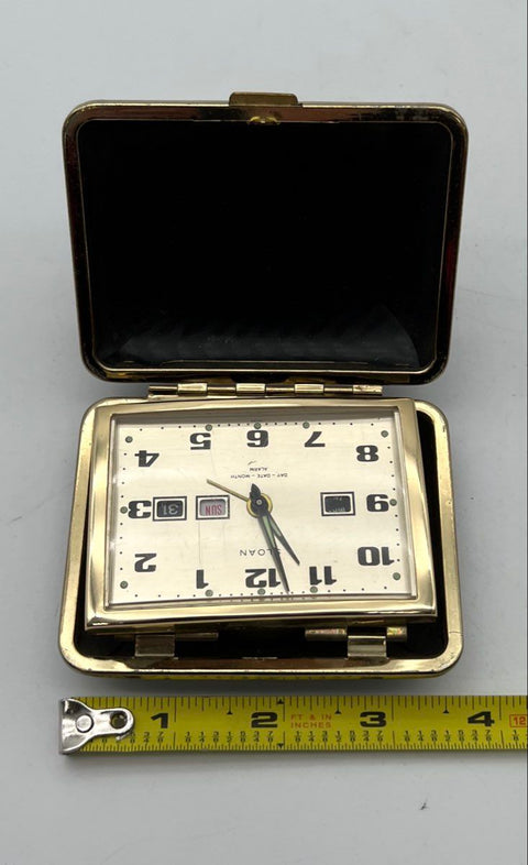 Sloan Folding Travel Alarm Clock Brass Day Date Japan Mid Century