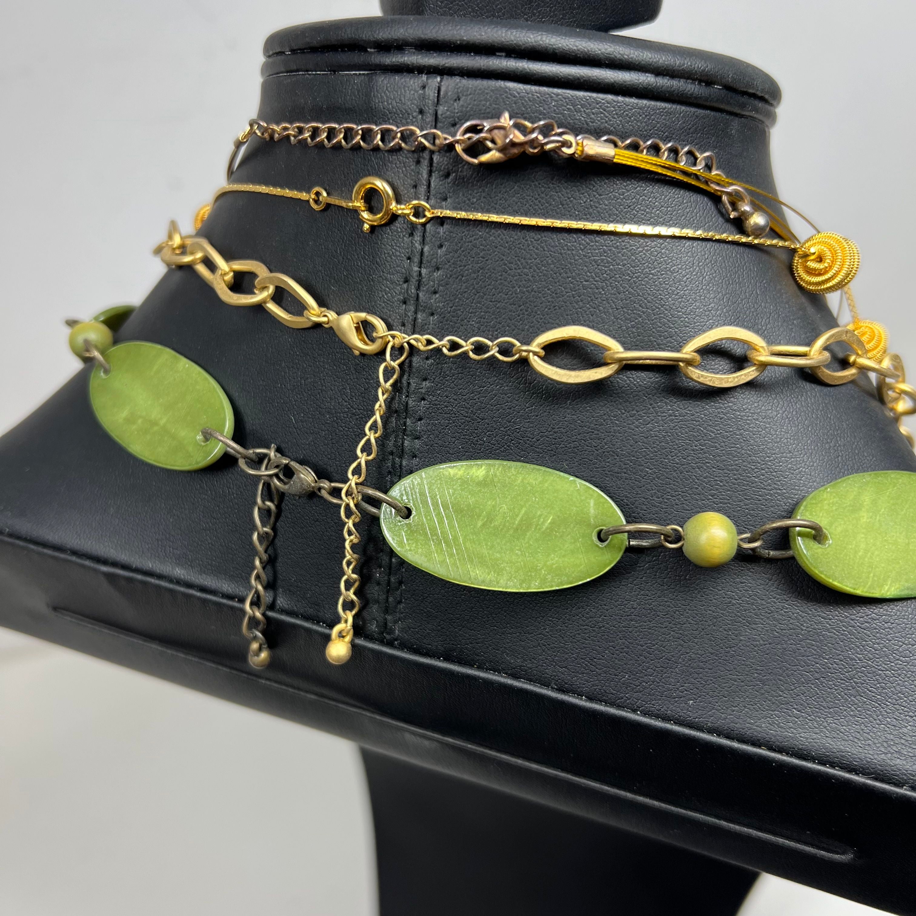 Lot of Green Gold Tone Beaded Chain Necklace Cuff Jewelry Set