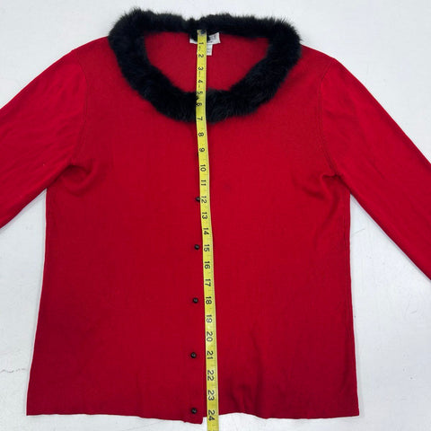 Due per Due Women's Red 100% Silk Cardigan Black Fur Trim Vintage Sz L