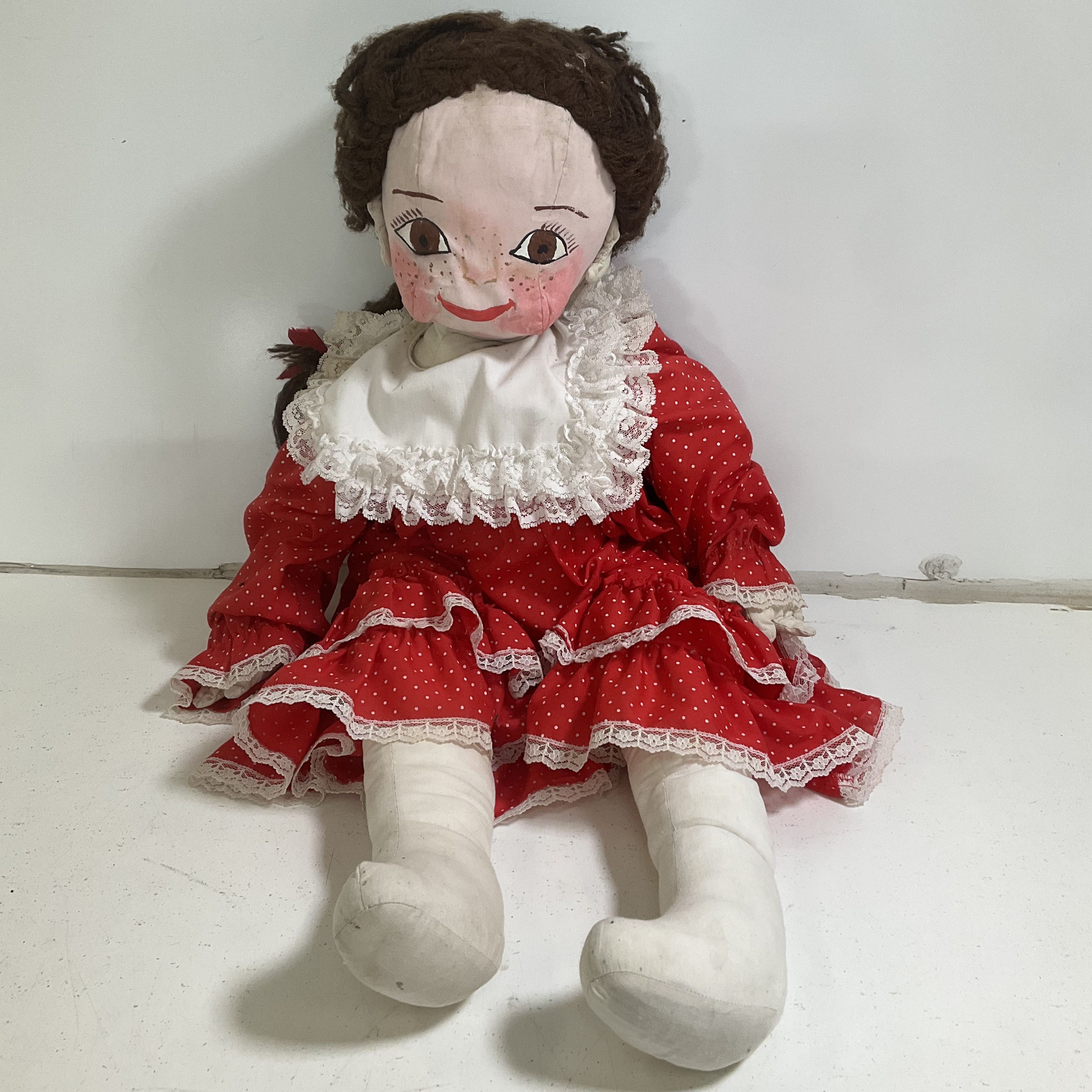 Vintage Handmade Folk Art Rag Doll "Bonnie" Painted Face Yarn Hair Red Dress