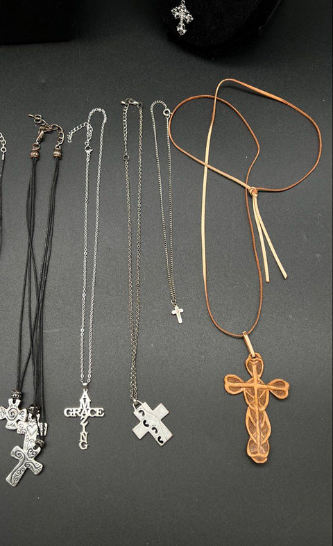 Religious Cross Pendant Necklaces Rosary Medals Jewelry Lot of 14 Gold Silver