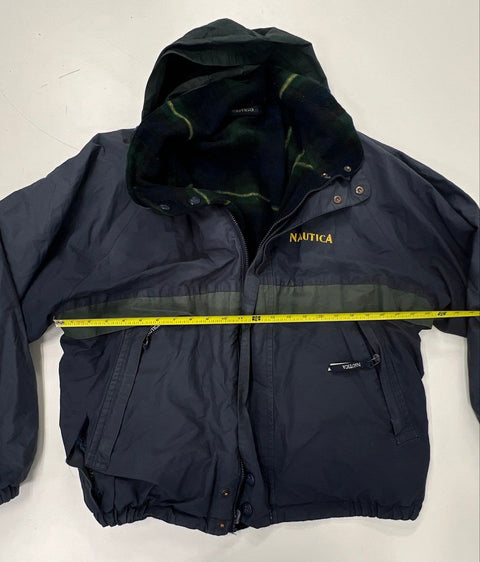 Vintage 90s Nautica Hooded Sailing Jacket Plaid Fleece Lined Navy Sz L/XL
