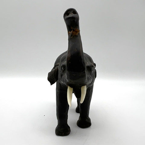 Vintage Leather Wrapped Elephant Sculpture Trunk Up Lucky Figurine 12" Safari