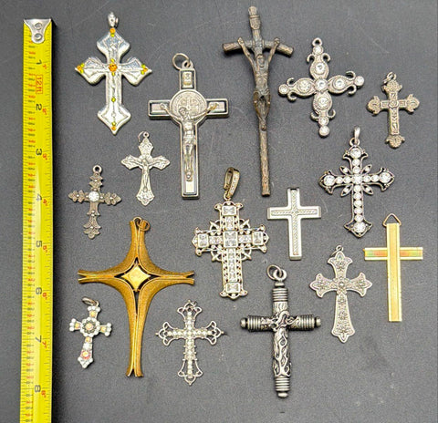Mixed Cross and Crucifix Pendant Jewelry Lot 15 Pieces Vintage to Modern