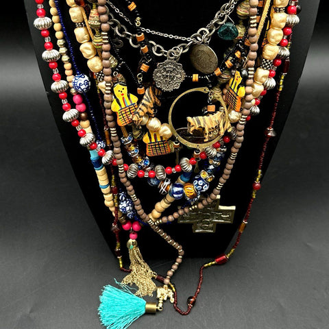 Eclectic Bohemian Beaded Necklace Jewelry Lot Wood Glass Ethnic Tribal 12pc