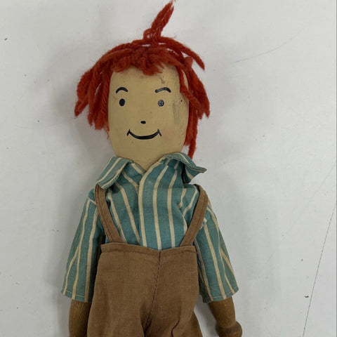 Vintage Wood Folk Art Doll Boy Figure Red Hair Overalls 12" Hand Painted