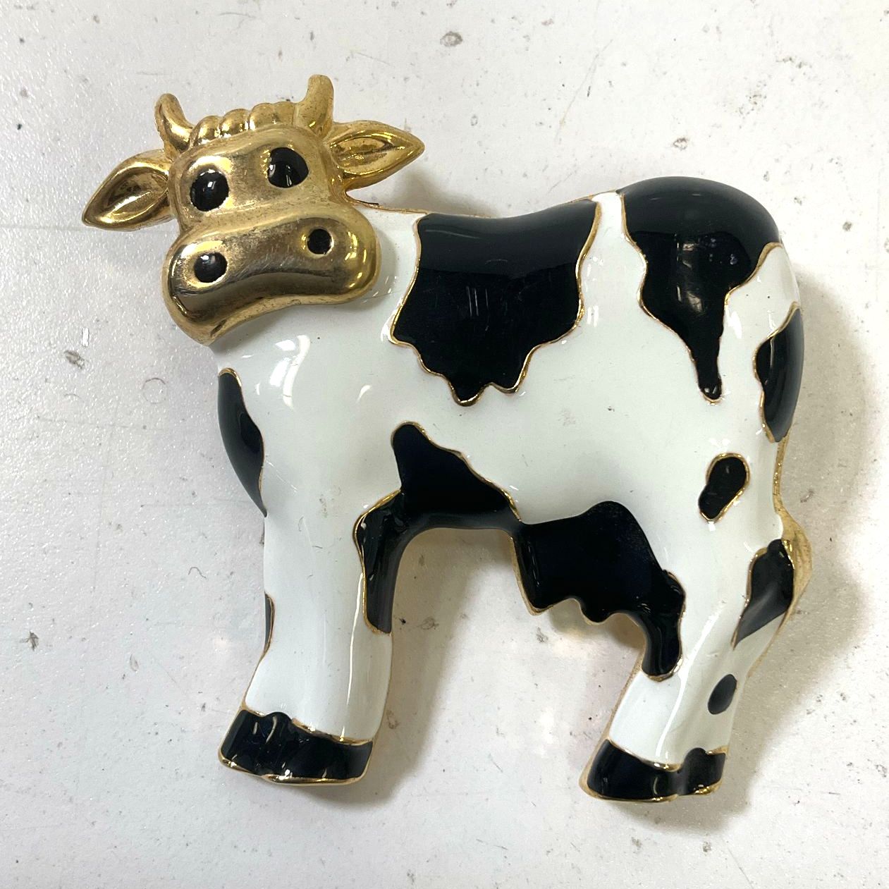 Vintage Enamel Cow Brooch Black and White Holstein Dairy Cow Gold Tone Face