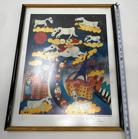 "Les Chevaux de la Liberte" Framed Art Print Signed Chan 1989 Surrealist 19x25