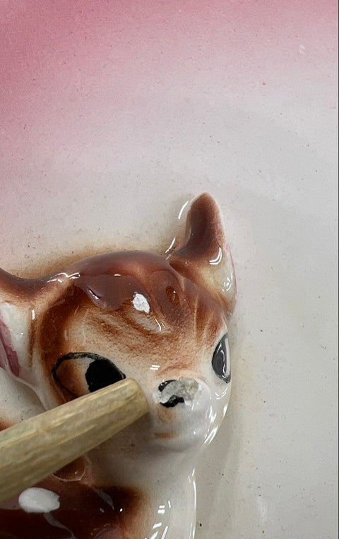 Vintage Ceramic Deer Fawn 3D Relief Wall Pocket Dish Hand-Painted Kitsch 5.5"