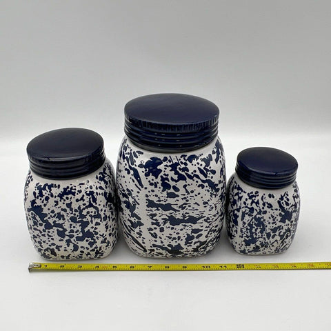 Country Living 3 Piece Canister Set Blue Splatter Stoneware Vintage Jars