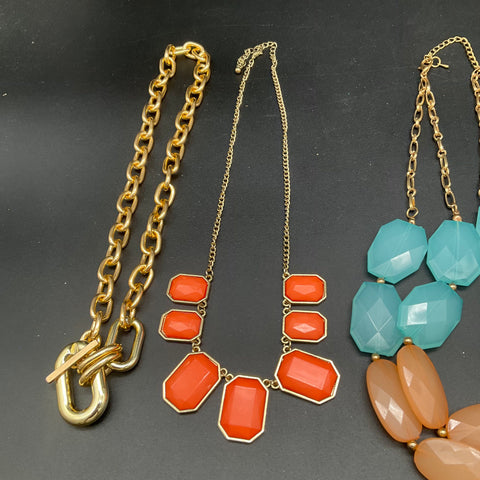 Fashion Costume Necklace Lot of 6 Gold Tone Statement Geometric Faceted Stone