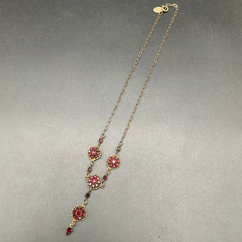 Kenny Ma San Francisco Red Crystal Floral Drop Necklace Brass Tone 18"