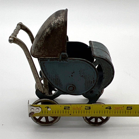 Vintage Cast Iron Miniature Doll Stroller Carriage Blue Paint Spoke Wheels