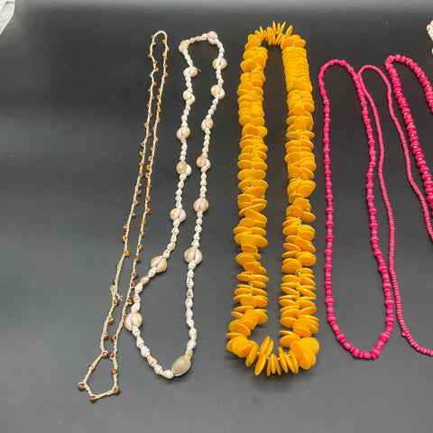 Coastal Boho Jewelry Lot of 8 Shell Beaded Yellow Disc Necklaces Vintage Modern