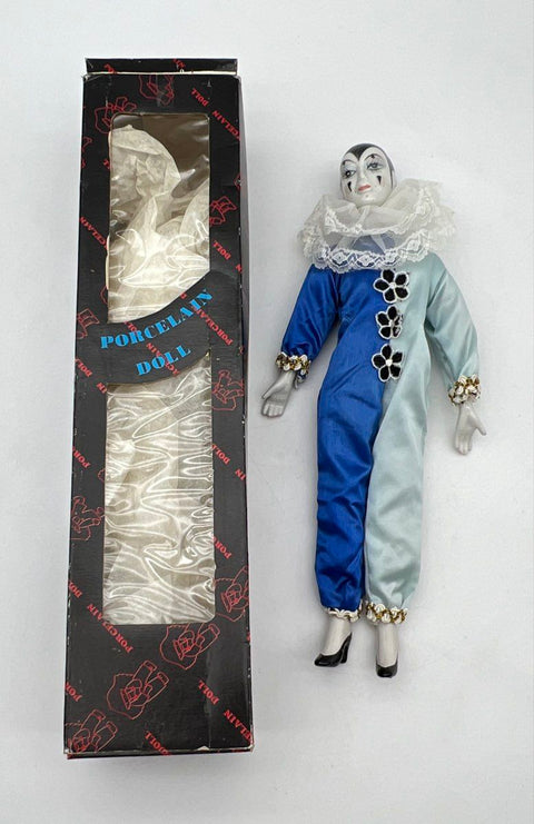 Porcelain Harlequin Pierrot Doll Blue Silver Satin 17 Inch Vintage With Box