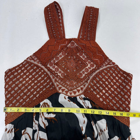 Anthropologie Women's Black Brown Leaf Print Embroidered Bodice Halter Dress 16P