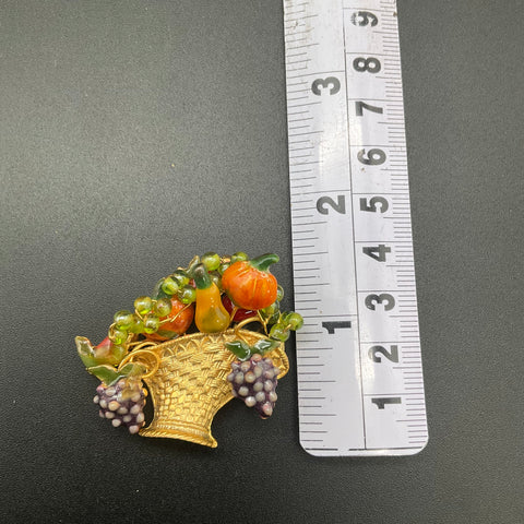 Vintage Mid-Century Gold Tone Enamel Fruit Basket Brooch Figural Jewelry 2.5"