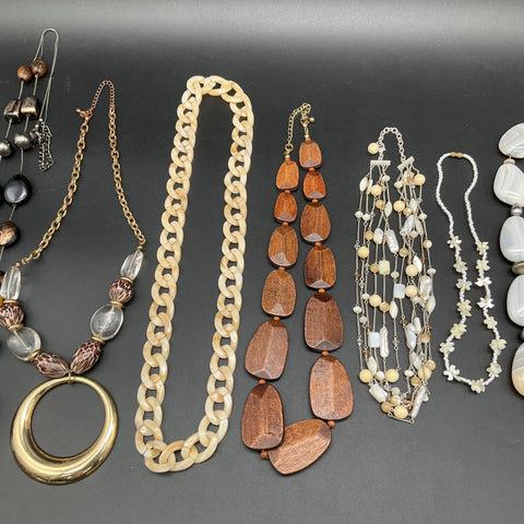 Vintage & Modern Boho Jewelry Lot of 10 Necklaces Wood Shell Beaded Acrylic